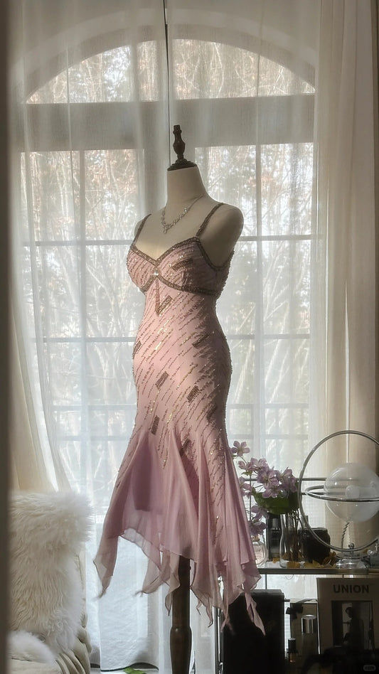 Vintage Pink Spaghetti Strap Sheath Beaded Chiffon Short Prom Dresses RF01010