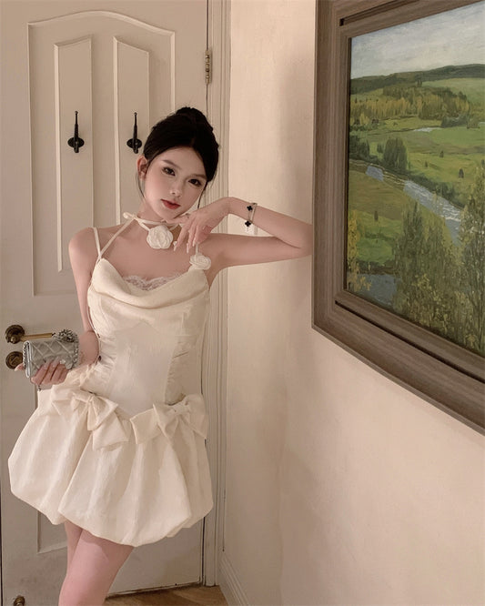 Pearl White A-Line Spaghetti Strap Satin Sweet Birthday Dress RF01011