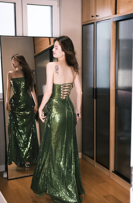 Sparkly Dark Green Sheath Strapless Slit Evening Gowns Sweet 18th Birthday Dress RF01015