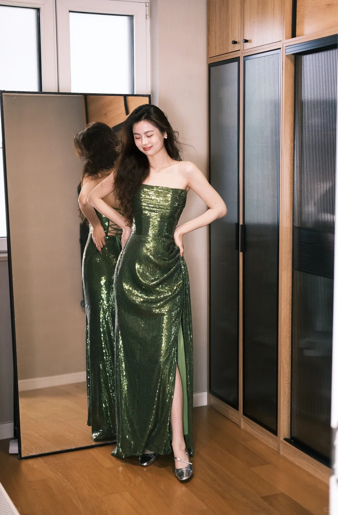 Sparkly Dark Green Sheath Strapless Slit Evening Gowns Sweet 18th Birthday Dress RF01015