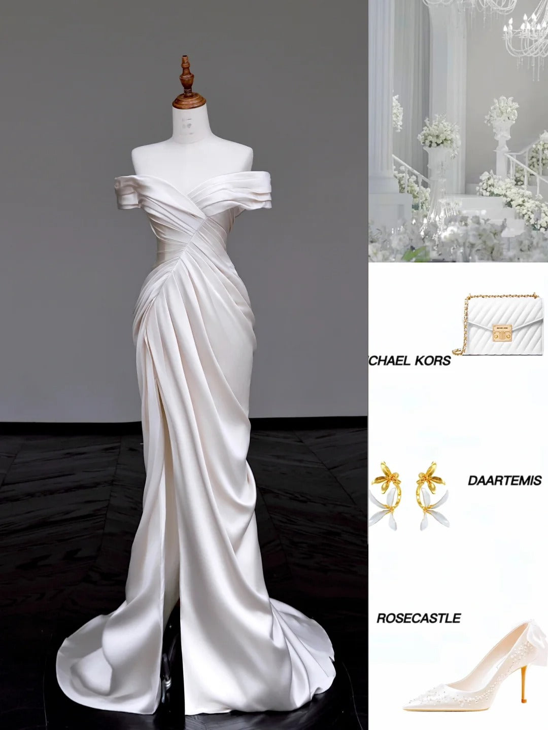 Einfaches schulterfreies weißes Meerjungfrau-Brautkleid aus Satin mit Schlitz, Abendkleider RF01018