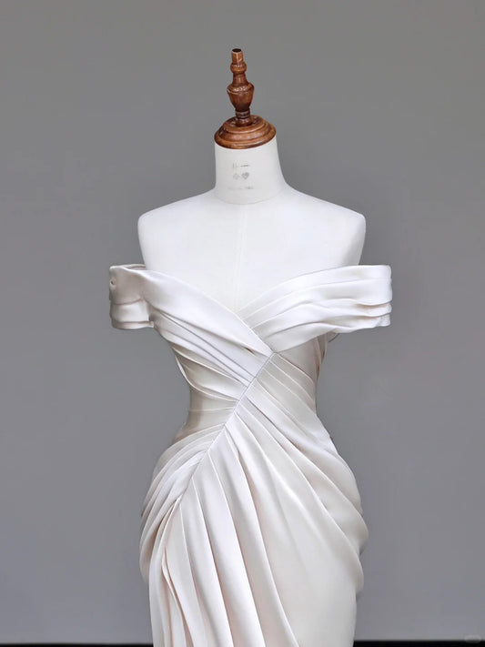 Simple Off Shoulder White Mermaid Wedding Dress Satin Slit Formal Dresses RF01018