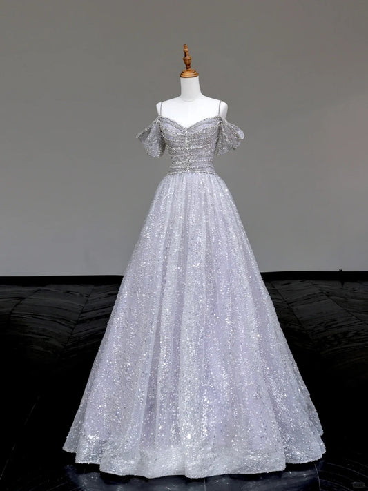 Glitter Silver A-Line Off Shoulder Tulle Long Prom Dresses Elegant Evening Dresses RF01019