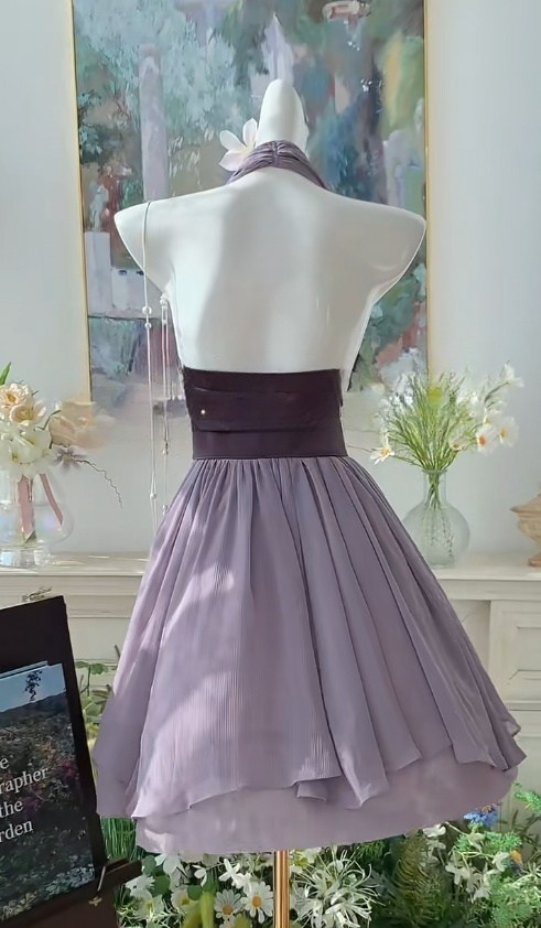 Robe de soirée violette en mousseline de soie, dos nu, col licou, coupe trapèze, robe d'anniversaire tendance, RF01021