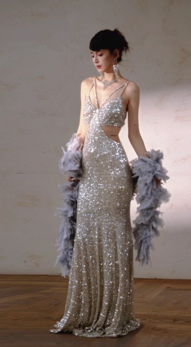 Sparkly Champagne Mermaid Evening Gowns Spaghetti Strap Backless Birthday Dress RF01026