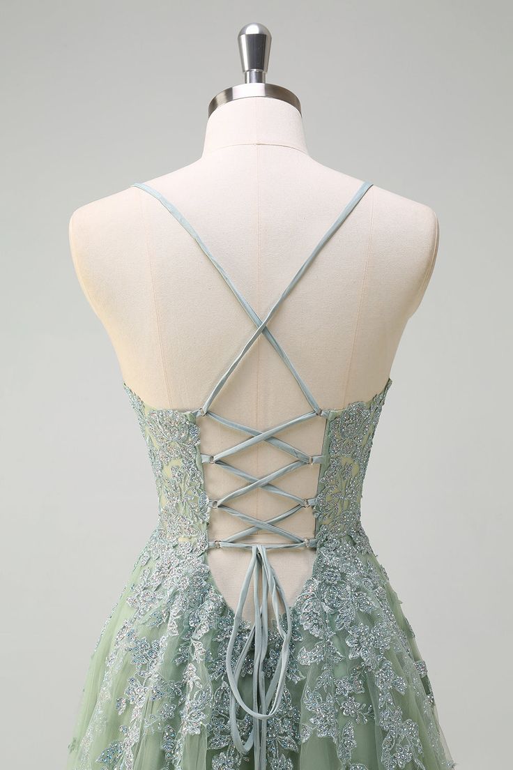 Green Floral A-Line Spaghetti Straps Tulle Corset Long Prom Dress with Slit RF0383