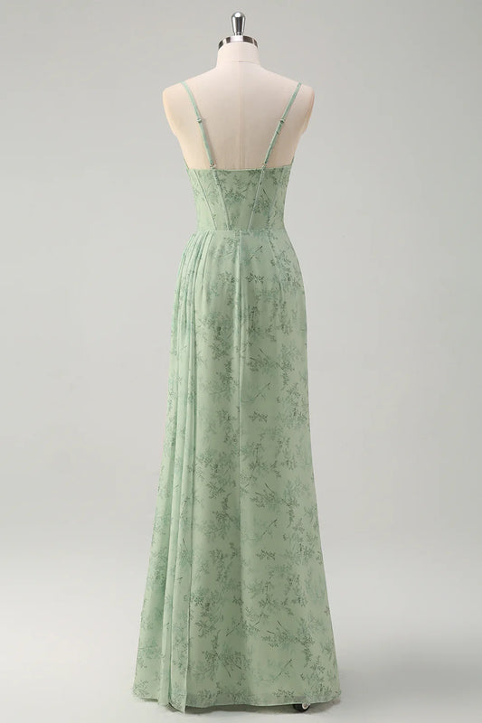 Dusty Sage Corset Floral Print Evening Dresses Bridesmaid Dresses with Slit RF0385