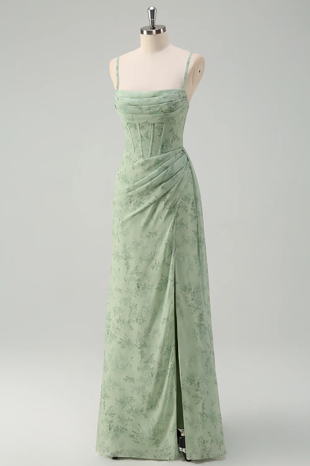 Dusty Sage Corset Floral Print Evening Dresses Bridesmaid Dresses with Slit RF0385