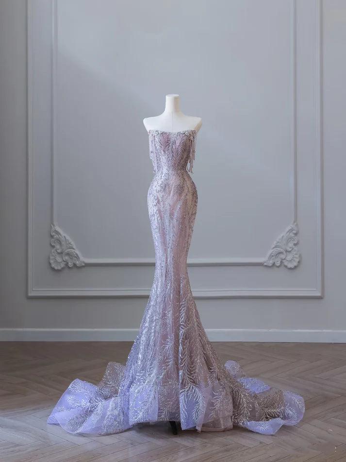 Sexy Hellviolette Meerjungfrau Schulterfrei Pailletten Lange Ballkleider Tüll Abendkleider RF0387