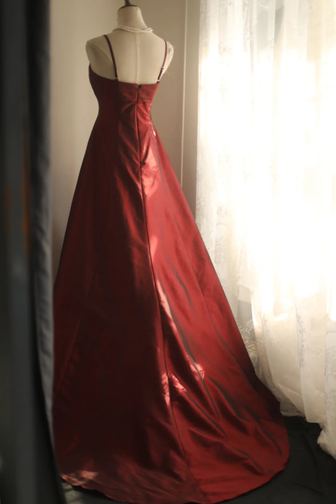 Simple Red Spaghetti Strap Satin A-Line Long Prom Dresses Formal Evening Dress RF0410