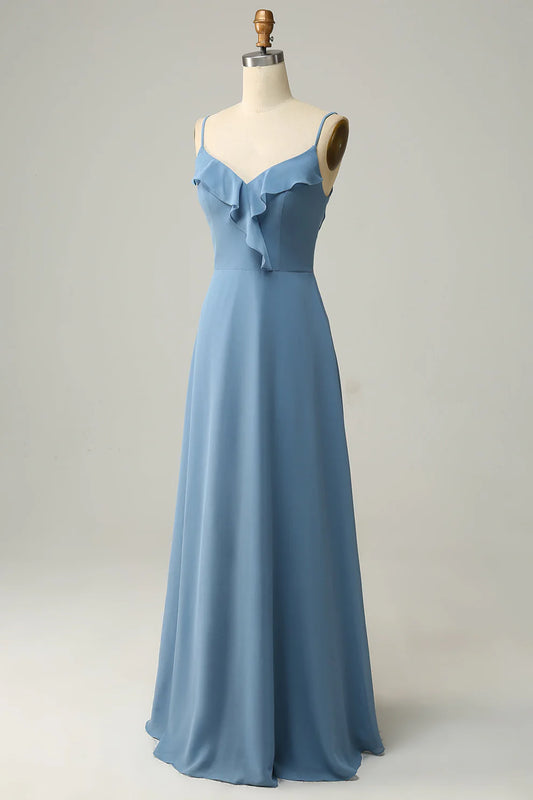 Strap Dusty Blue Ruffle A-Line Chiffon Bridesmaid Dress RF0418