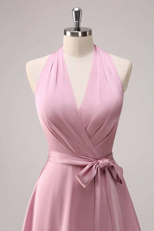 Pink Halter Tiered A-Line Satin Bridesmaid Dress with Sash RF0431