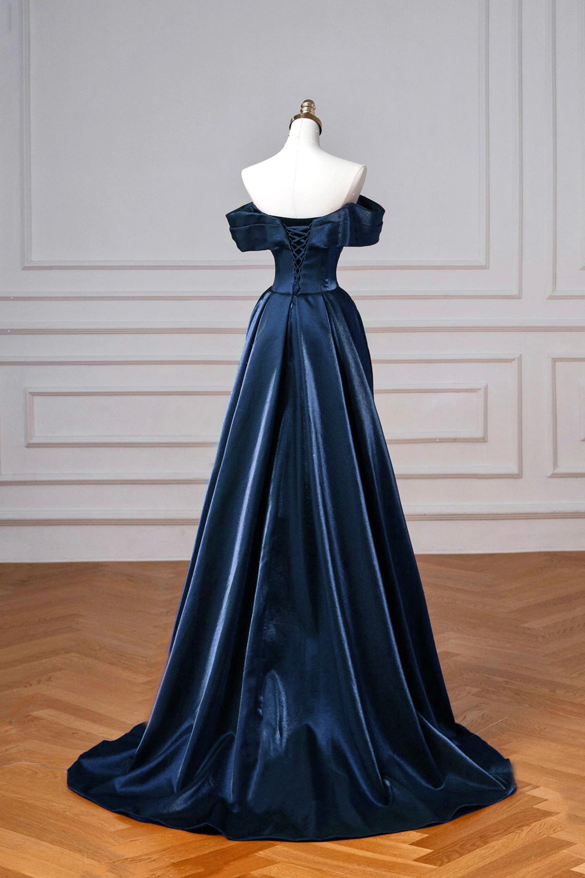 Marineblaues langes Meerjungfrau-Ballkleid aus Satin, elegantes schulterfreies Abendkleid RF0433