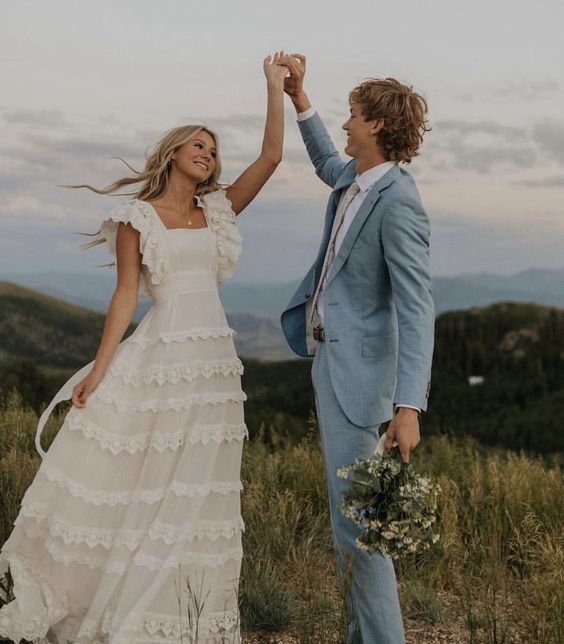 A Line Wedding Dress Long Square Neck Boho Bridal Dresses- RF0451