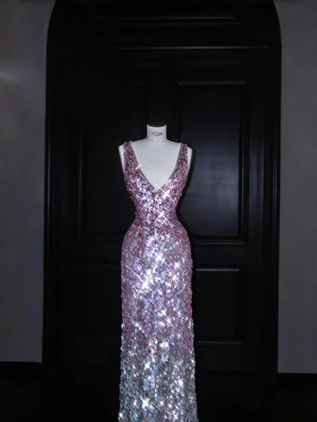 Funkelndes rosa Pailletten-Etuikleid mit V-Ausschnitt, formelles Abendkleid, einzigartiges Brautjungfernkleid RF0474