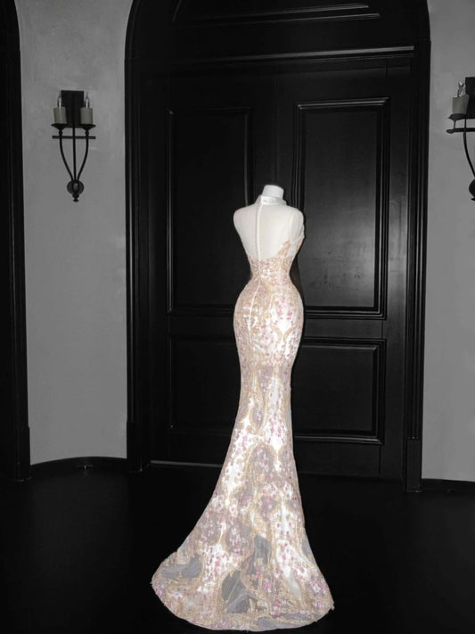 Exquisite Mandarin Neckline Tulle Mermaid Embroidery Applique Long Prom Dresses Elegant Formal Evening Dresses RF0488