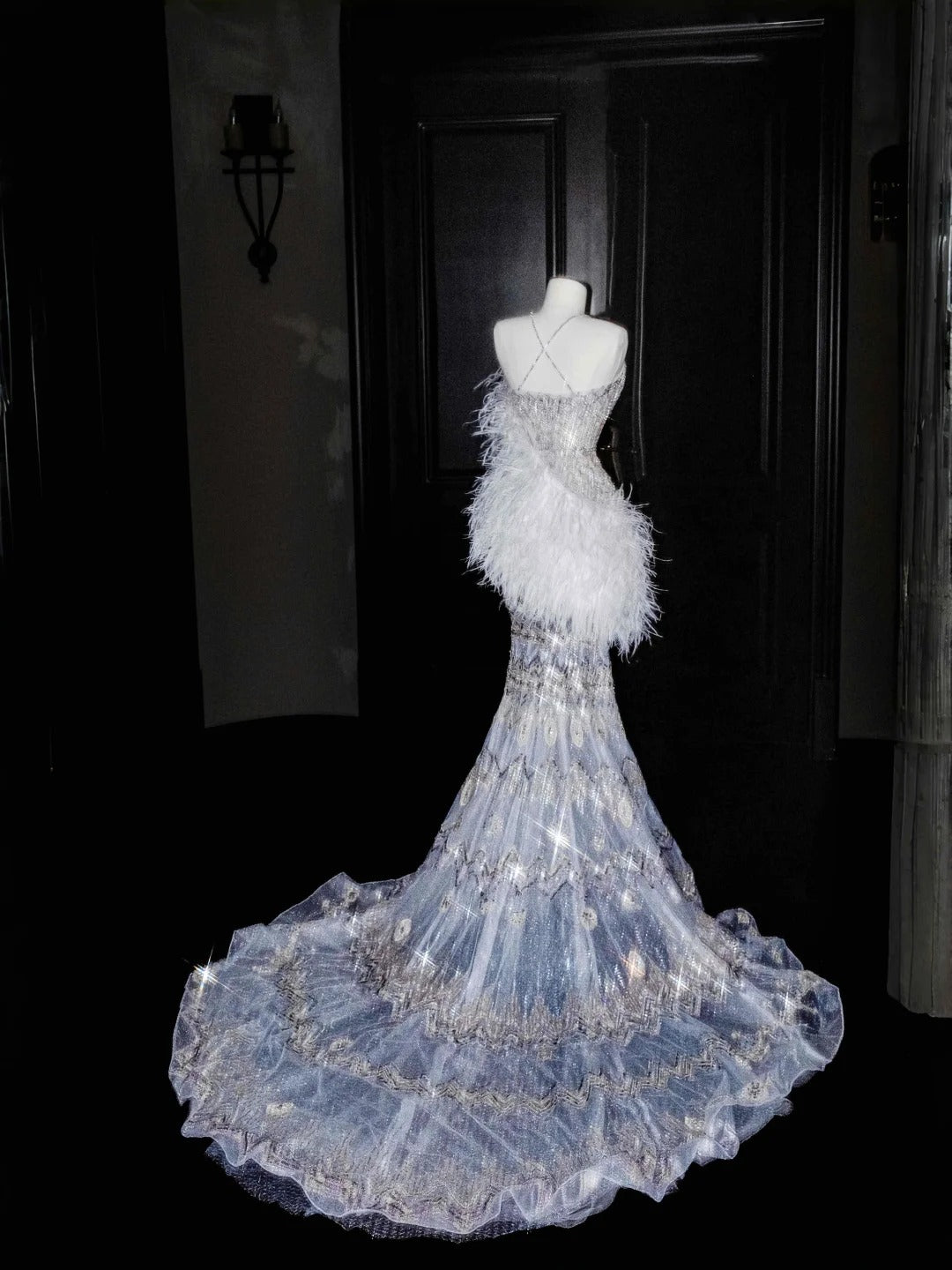 Robe de soirée longue sexy en tulle et strass, style sirène, col licou, RF0497