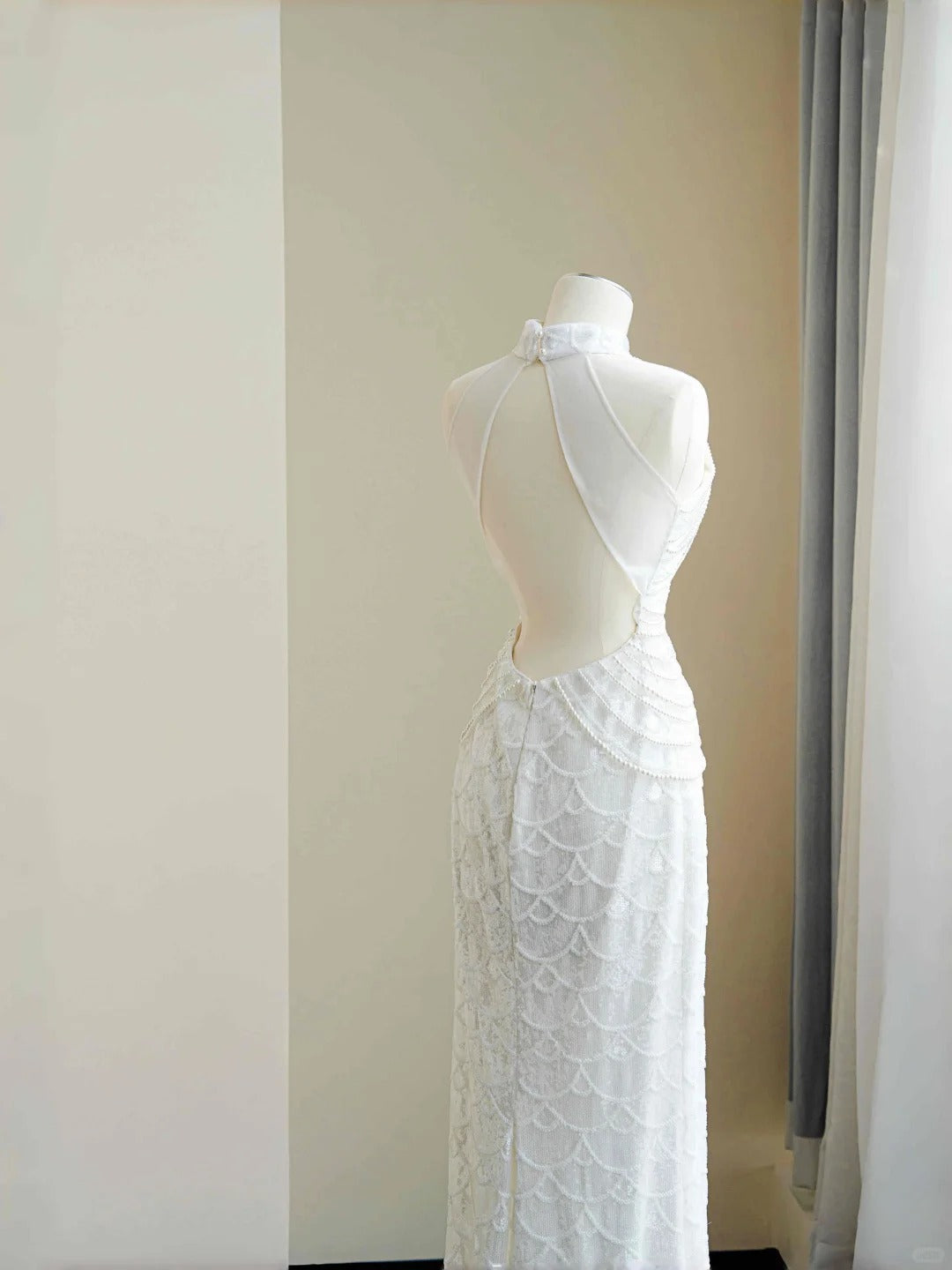 White Mandarin Neck Beaded Mermaid Formal Evening Dress Unique Wedding Dress RF0499