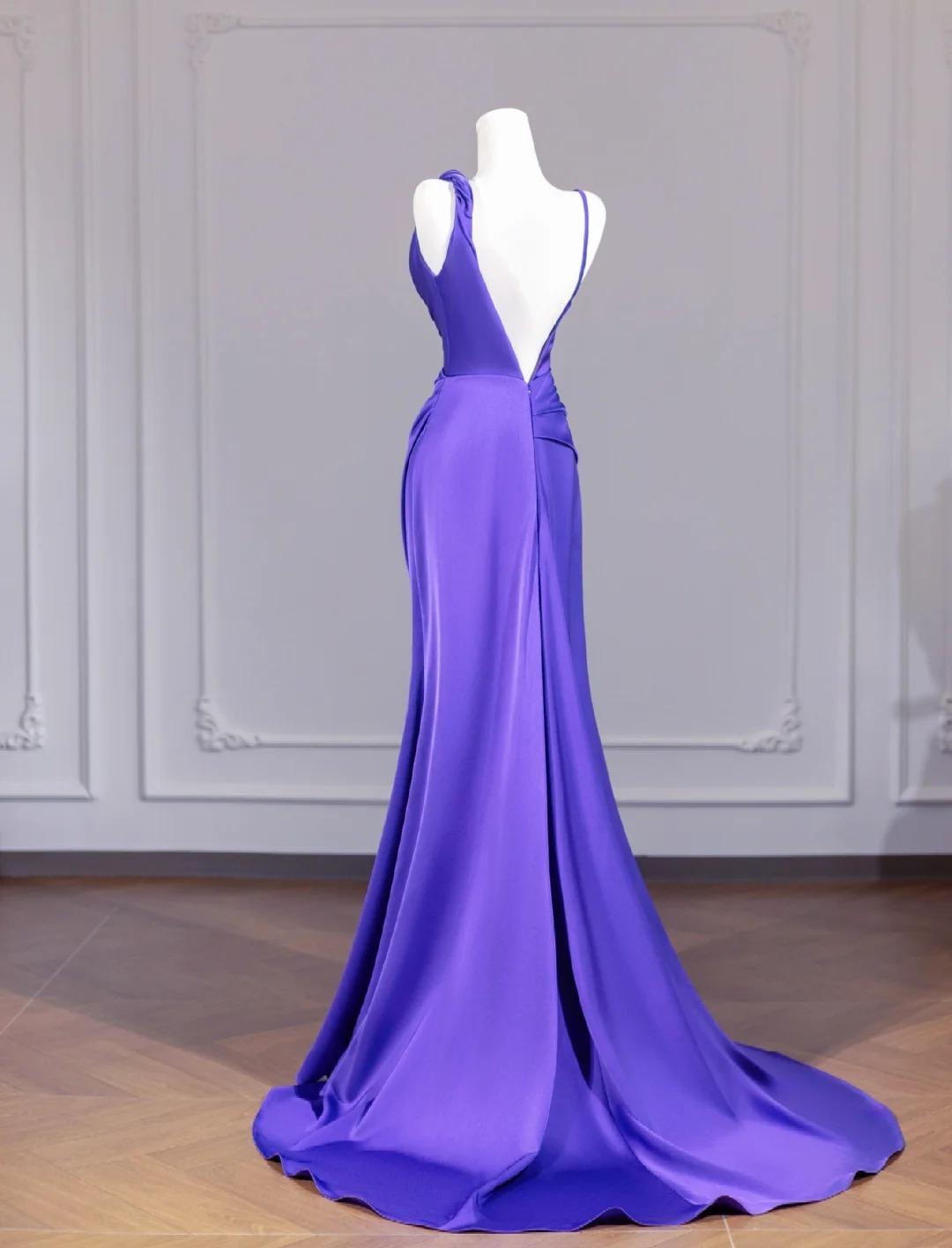 Elegant Purple Strap Mermaid Satin Backless Long Prom Dresses Formal Evening Gowns RF0501