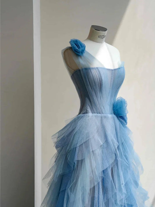 Beautiful Blue One Shoulder Tulle A-Line Long Prom Dresses Sweet 16 Dress RF0512