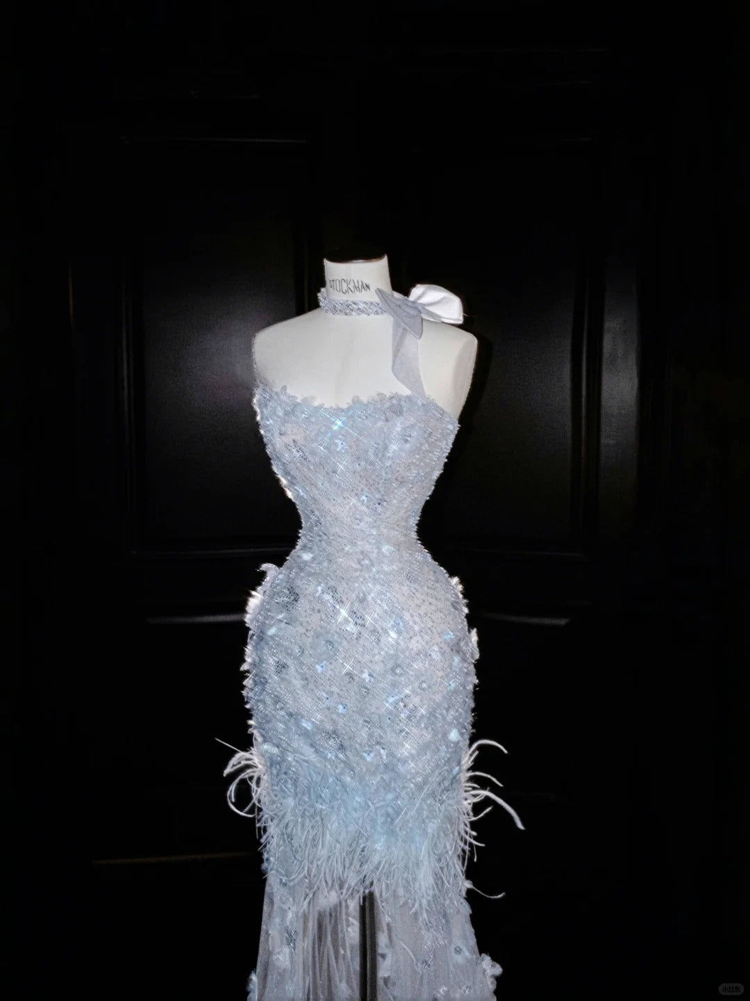 Gorgeous Ice Blue Tulle Mermaid Strapless Sequined Long Prom Dresses Formal Evening Gowns RF0517