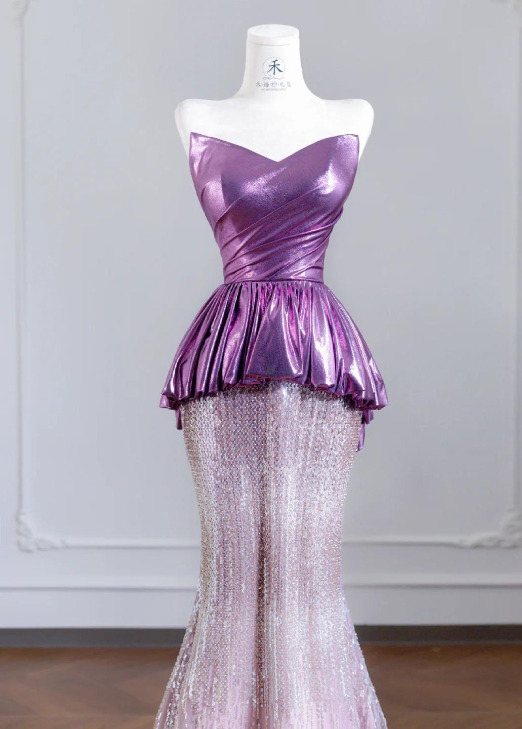 Süße Trägerlose Rosa Lila Meerjungfrau Satin Lange Ballkleider Elegante Abendkleider RF0521