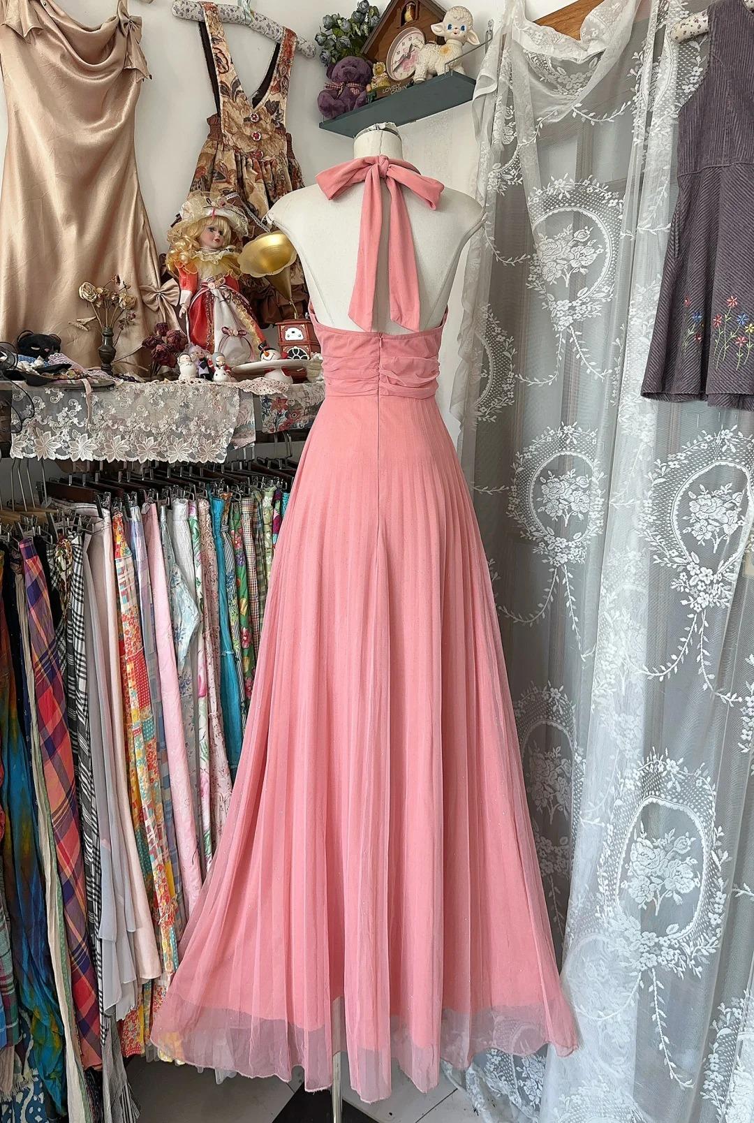 Vintage Pink V-neck Tulle Party Dresses Backless A-Line Formal Evening Gown RF0526