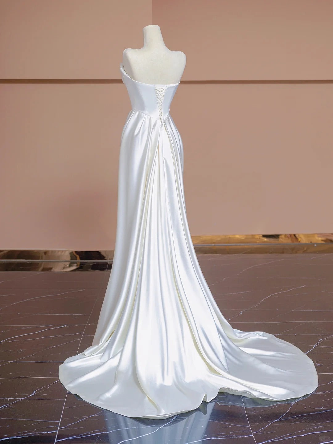 Glam White Strapless Mermaid Satin Open Back Wedding Dress RF0533