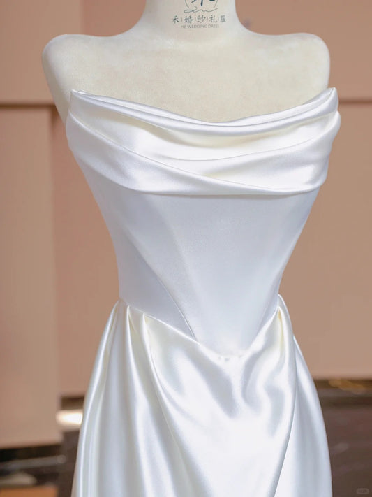 Glam White Strapless Mermaid Satin Open Back Wedding Dress RF0533