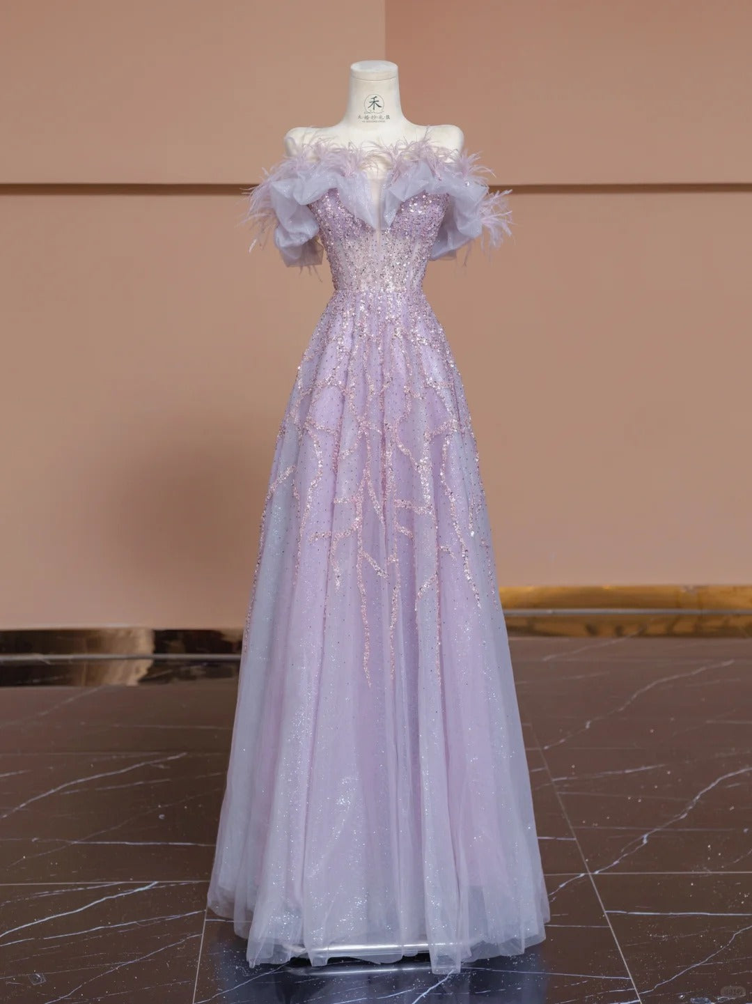 Gorgeous Purple Off-the-shoulder Tulle Sequin Beading A-Line Wedding Dress RF0536