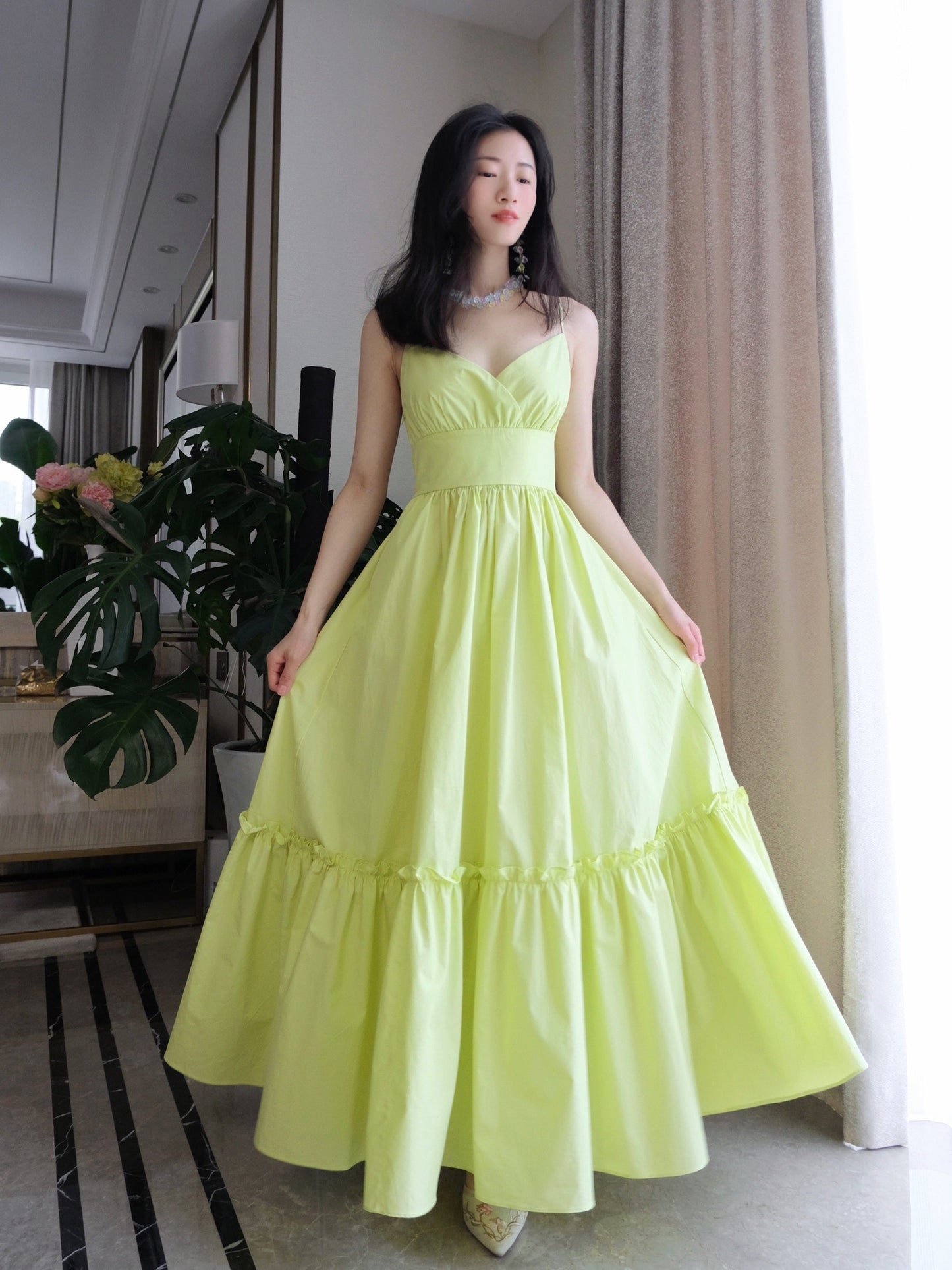 Yellow Spaghetti Strap A-Line Fashion Dress RF0550