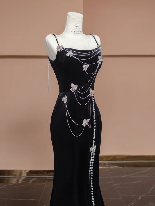Stunning Black Velvet Spaghetti Straps Mermaid Prom Dresses Beaded Formal Evening Gowns RF0559