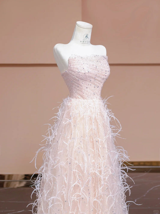 Sweet Blush Pink Tulle Sequined A-Line Strapless Train Wedding Dress Formal Evening Gowns RF0563