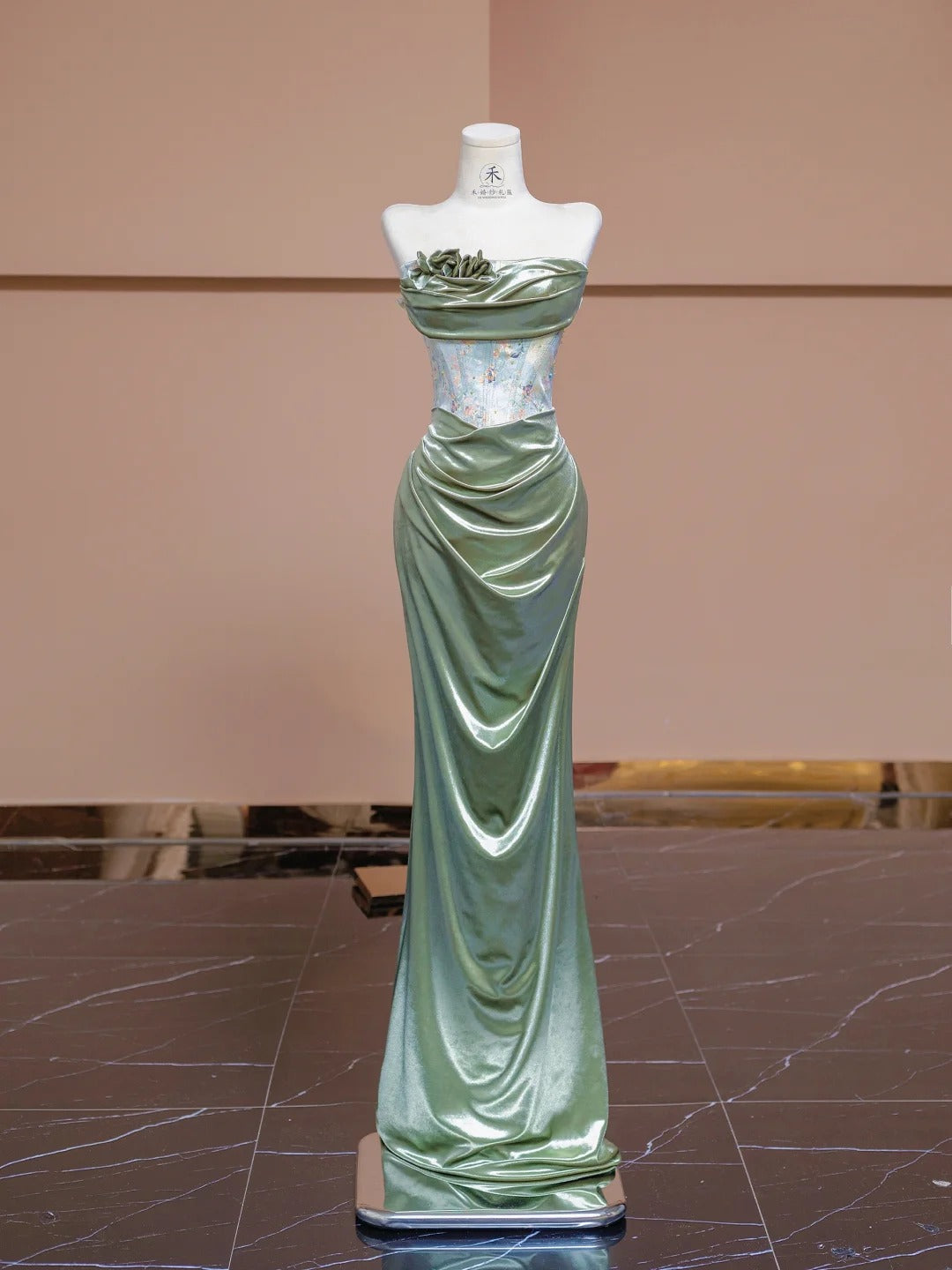 Elegant Green Strapless Mermaid Satin Applique Prom Dresses Formal Evening Dress RF0567
