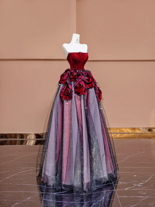 Stunning Burgundy Strapless Velvet A-Line Tulle Long Prom Dresses Unique Wedding Dress RF0580