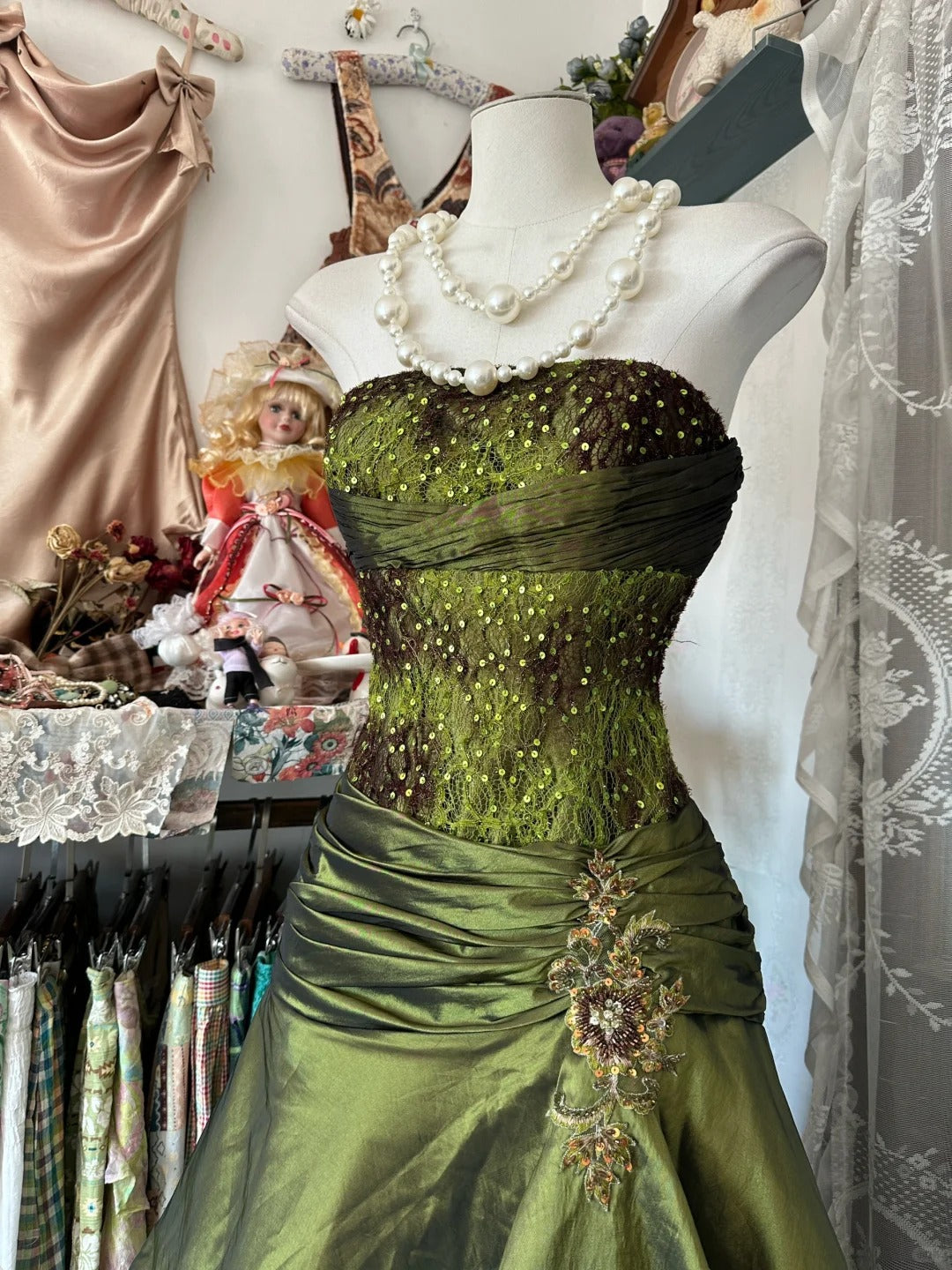 Vintage Green Strapless A-Line Satin Party Dress Evening Gowns RF0592