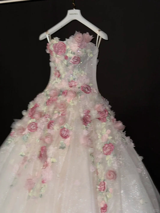 Sweet White 3D Applique Strapless A-Line Tulle Train Wedding Dress RF0595