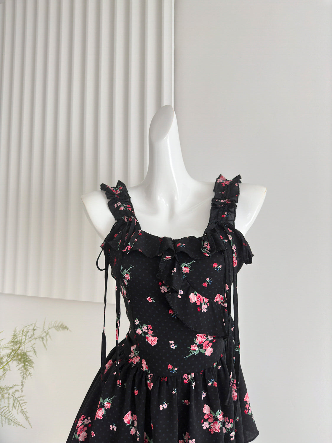 French Black Printed Chiffon A-Line Suspender Skirt RF0601