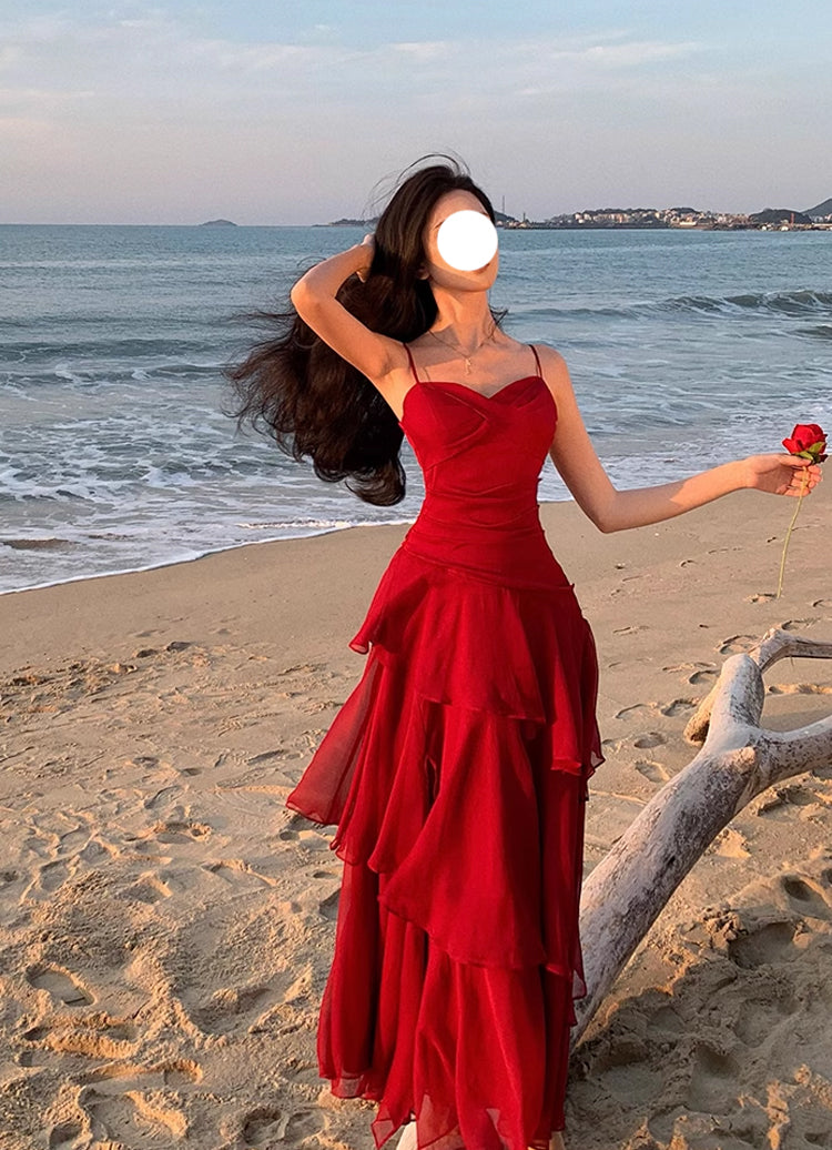 Vintage Red Chiffon A-Line Ruffle Straps Dress RF0605