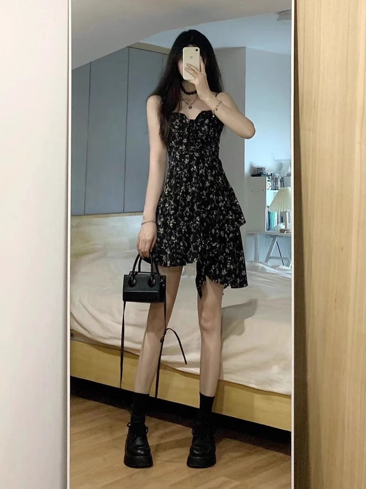 Stylish Black Chiffon Floral Straps Dress RF0606