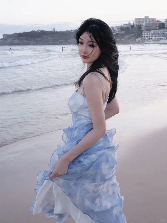Fairytale Blue Chiffon Straps Ruffle Dress RF0607