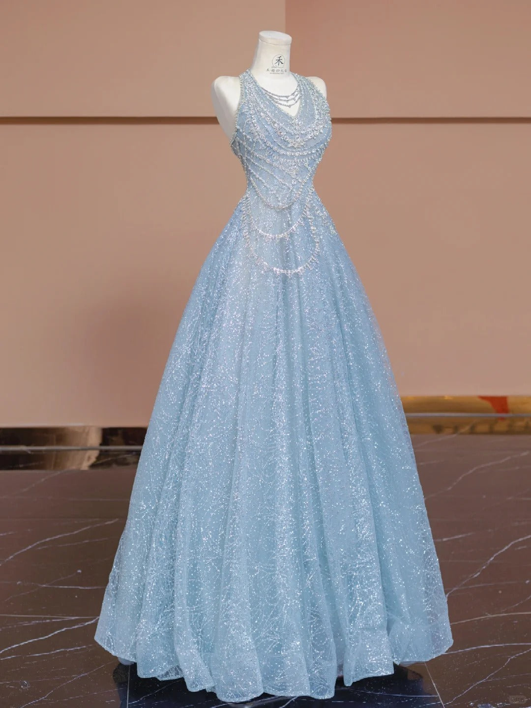 Beautiful Ice Blue V-Neck A-Line Shiny Tulle Formal Evening Dress RF0611