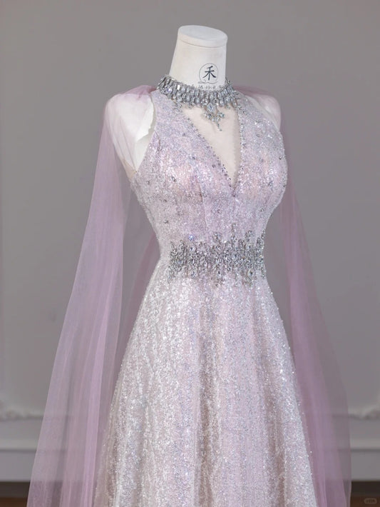 Sweet Pink V-Neck A-Line Sequined Tulle Long Prom Dresses Birthday Evening Dresses RF0613