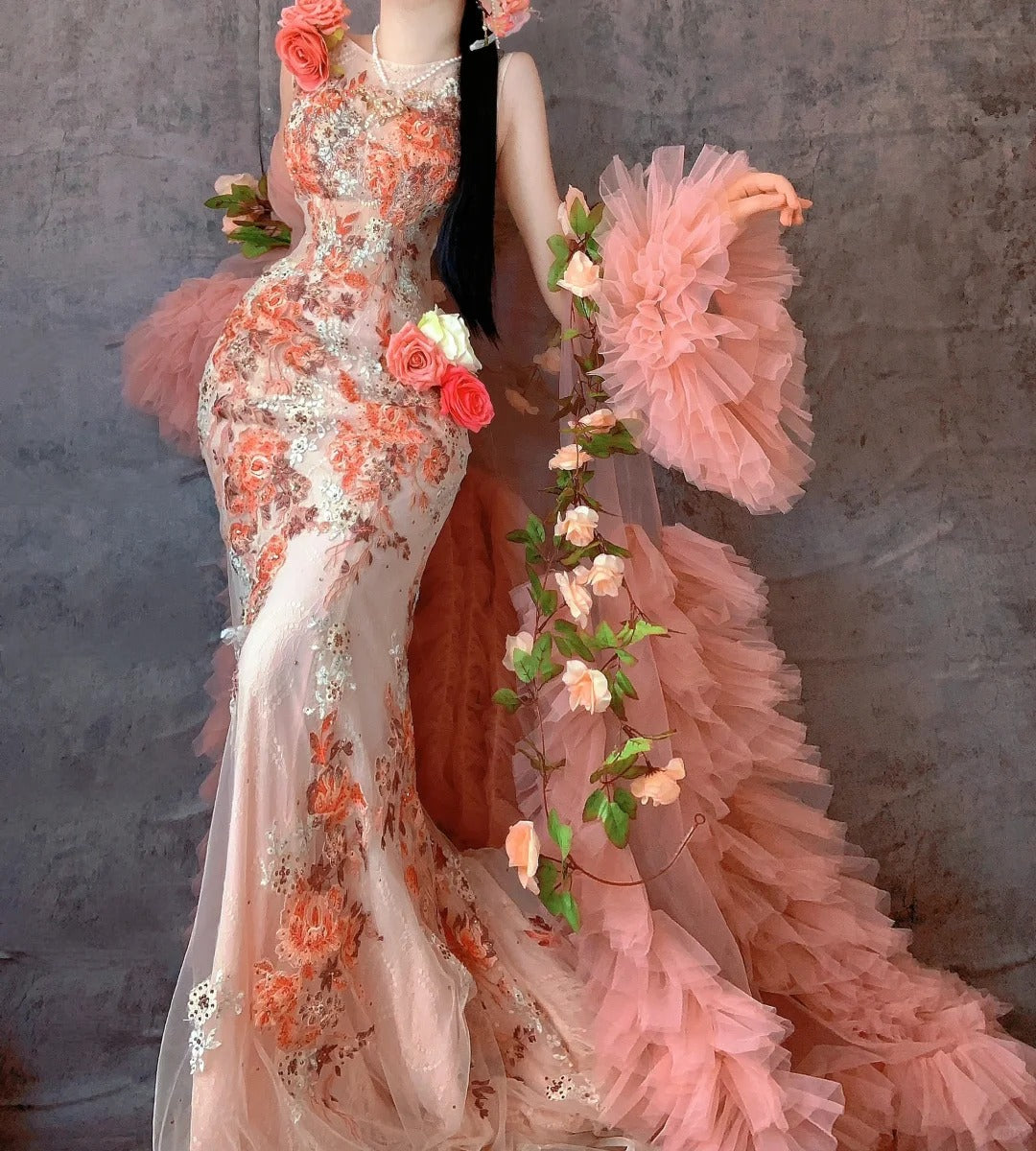 Robe de soirée longue en tulle style sirène orange à col ras du cou et appliques, RF0628
