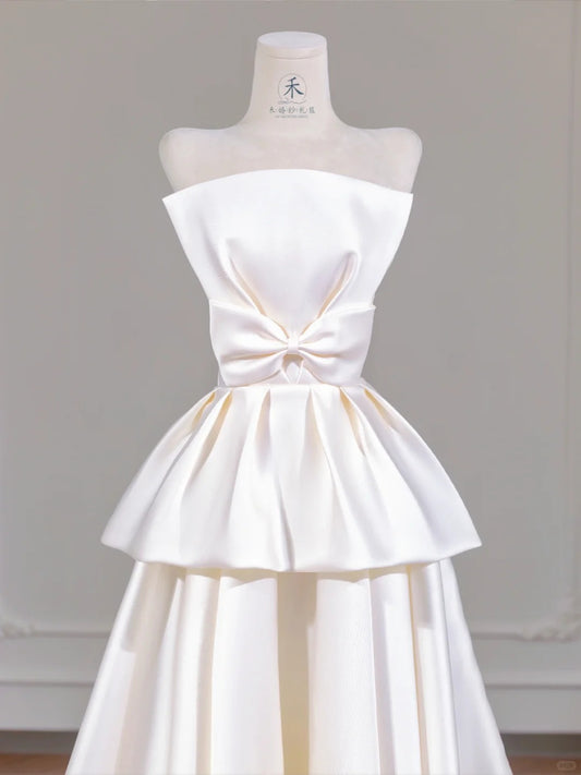 Simple Light Champagne Strapless Satin A-Line Wedding Dress RF0633