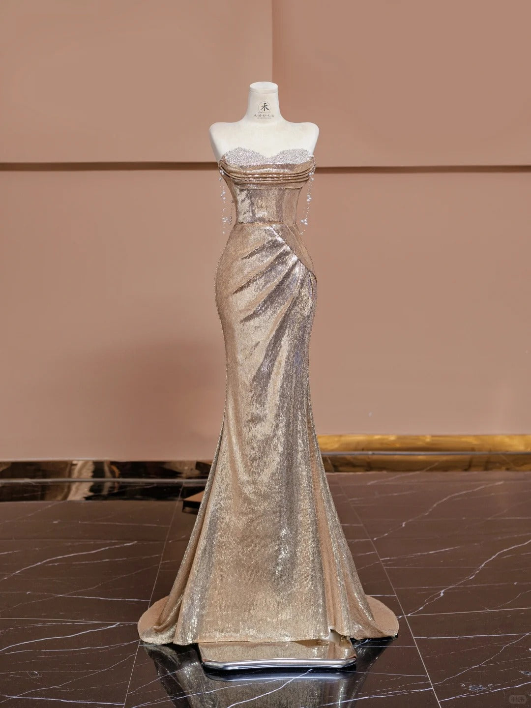 Stunning Strapless Gold Mermaid Sequin Long Prom Dresses Formal Evening Gowns RF0636