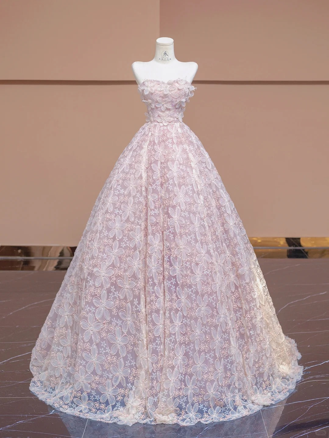 Sweet Pink A-Line Tulle Strapless Sequined Train Wedding Dress with Appliques RF0640