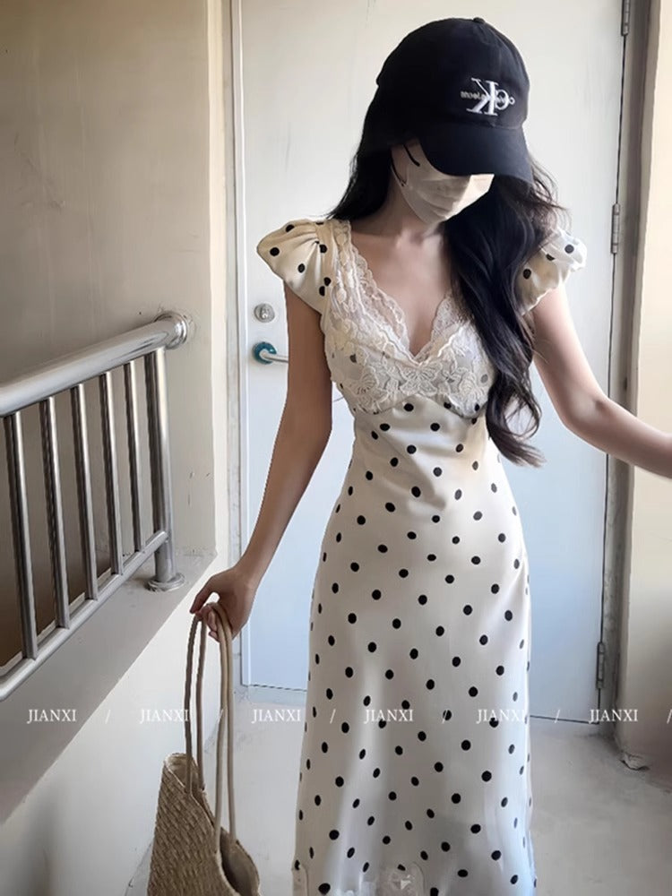 Robe sexy en satin à pois et col en V, en dentelle, RF0642