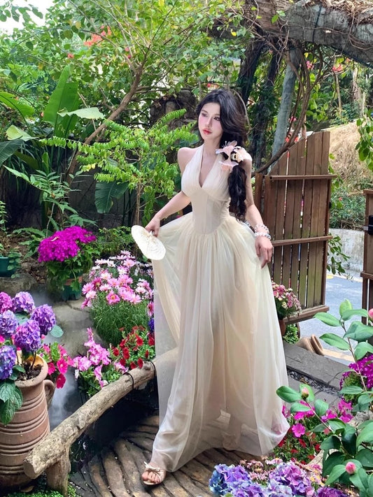 Elegant Apricot V-Neck Chiffon Summer Dress RF0646