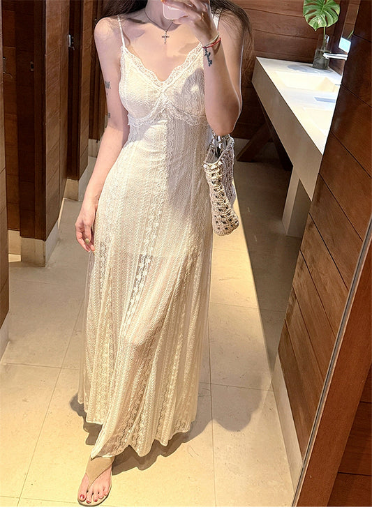 Elegant White Spaghetti Strap V Neck Lace Summer Dress RF0648